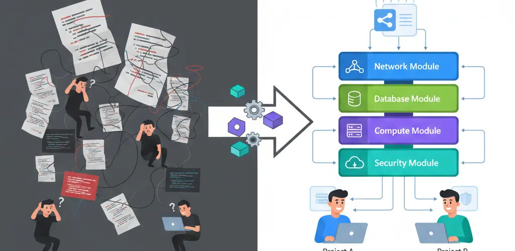 Blog post image for Organizing Terraform with Modules - How to split Terraform code into reusable modules for networking, databases, and other common components, stored in a shared repository so multiple projects and environments can pull from the same source instead of copy-pasted configuration.