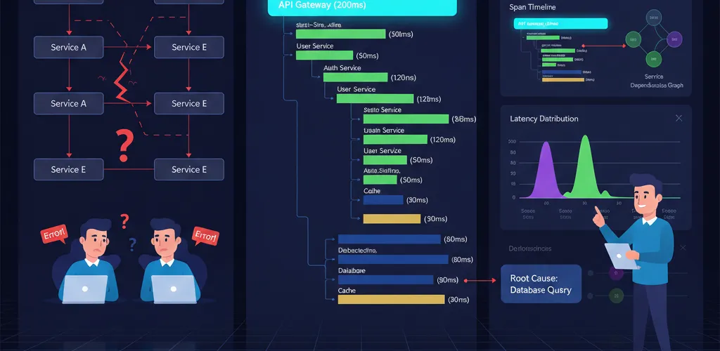 Blog post image for Tracing Microservices with OpenTelemetry - How OpenTelemetry traces a request across distributed services: instrumenting your code, running a collector, and visualizing the resulting spans in Jaeger or Zipkin to find bottlenecks and errors.