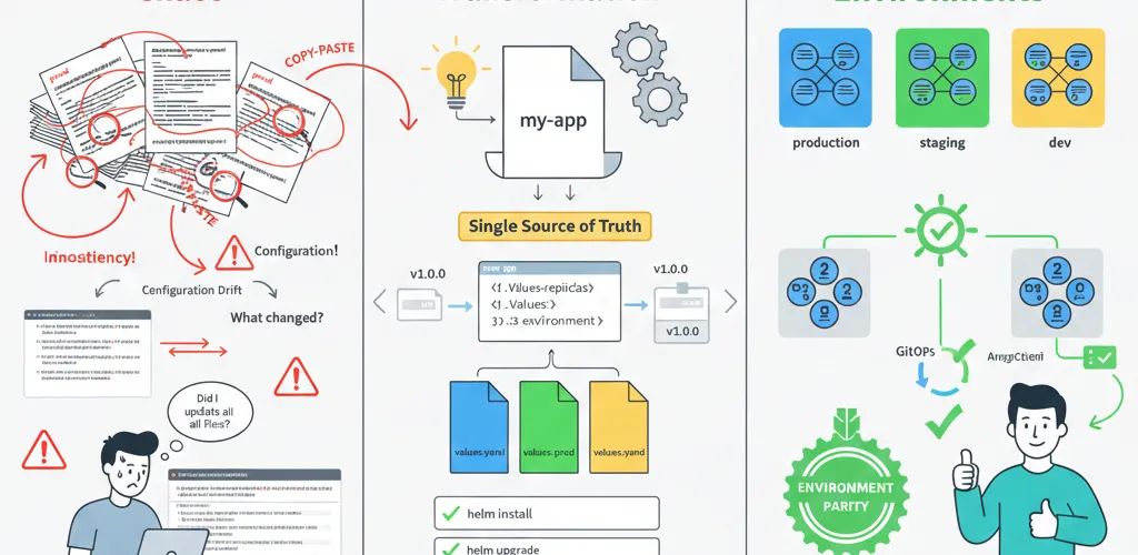 Blog post image for Helm Charts: Templating & Multi-Environment Kubernetes Deployments - How Helm templates Kubernetes manifests for multi-environment deployments: values overrides per environment, conditional logic, chart dependencies, and GitOps rollout with ArgoCD.