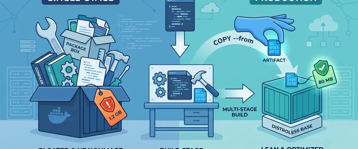 Blog post image for Docker Multi-Stage Builds: Smaller, Safer Images for Production - Ship lean, secure containers by splitting your build from your runtime. This dev tip shows how Docker multi-stage builds drop the compilers and dev dependencies, so your production image is smaller and has far less to attack.