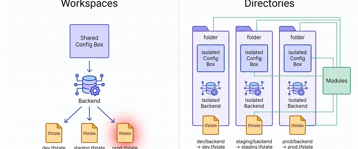 Blog post image for Terraform Workspaces vs. Directory-Based Environments: What Actually Scales - Workspaces look like the easy way to split dev, staging, and prod, but they quietly stop scaling. Here is when workspaces bite, why most teams move to a folder per environment, and how to switch without breaking live infrastructure.