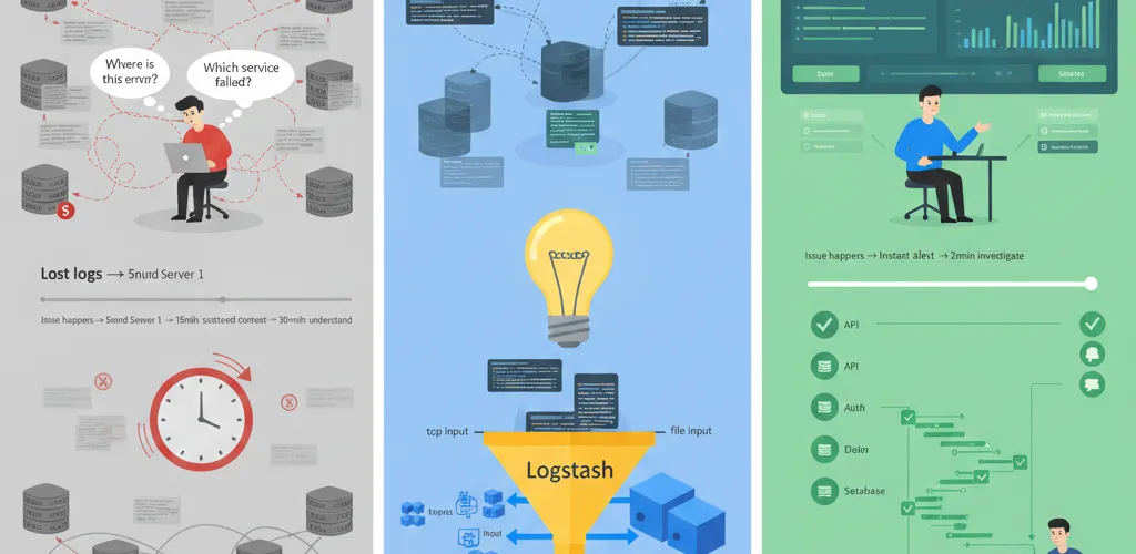 Blog post image for Structured Logging & Log Aggregation with ELK Stack - Centralized logging for microservices with Elasticsearch, Logstash, and Kibana: structured JSON logging, the Logstash pipeline, Kibana dashboards, alerting rules, and index lifecycle policies for production.
