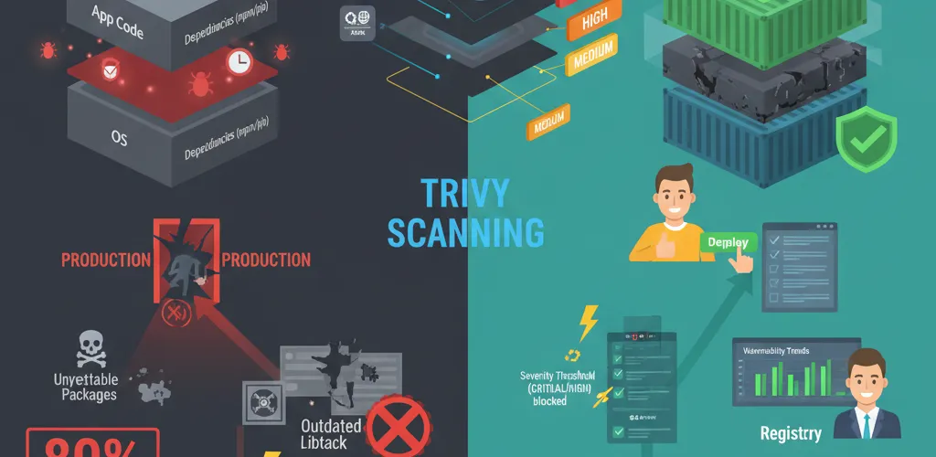 Blog post image for Container Image Vulnerability Scanning in CI/CD with Trivy - How to automate container image vulnerability scanning in CI/CD with Trivy: installation, severity thresholds, GitHub Actions and GitLab CI integration, policy enforcement, and remediation workflows.